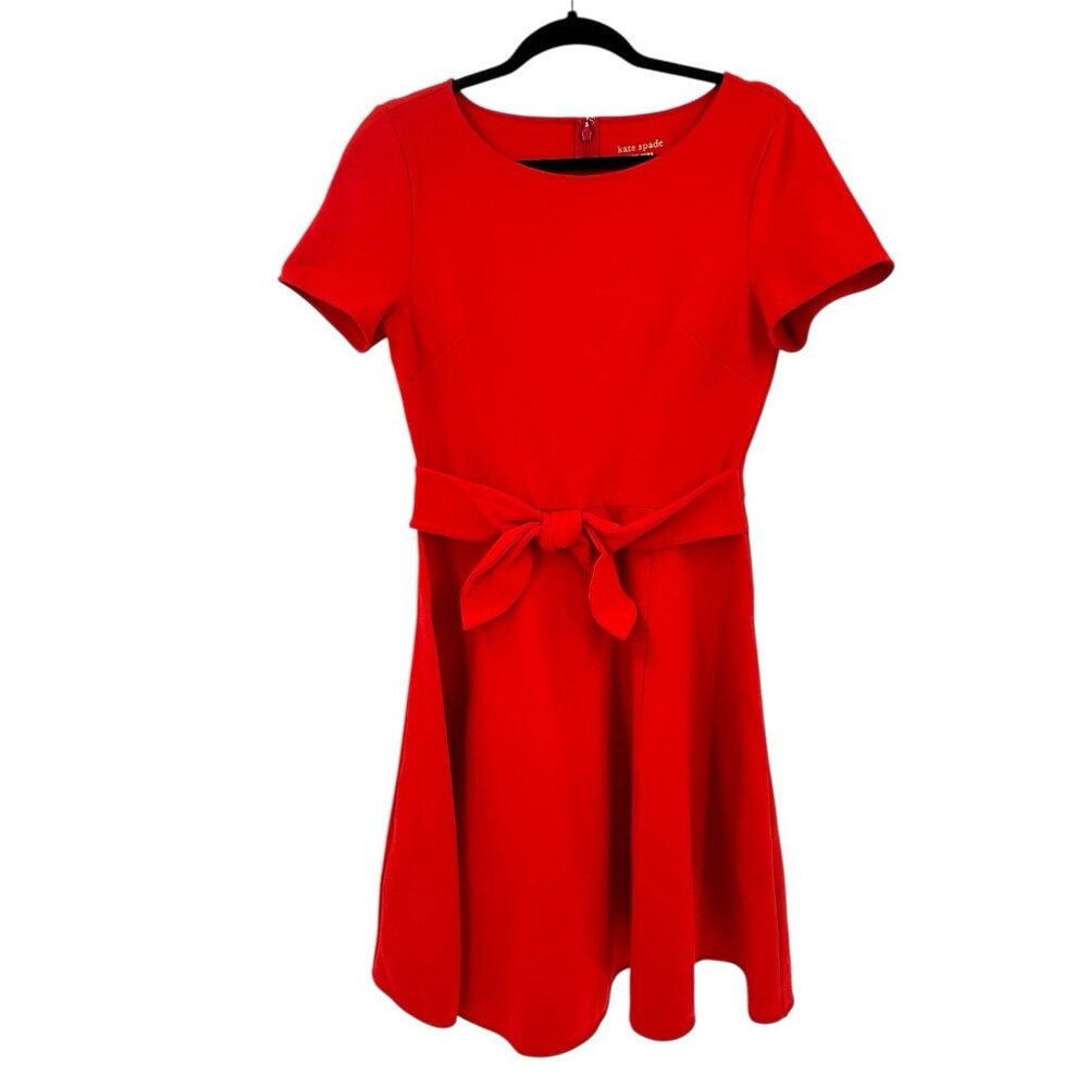 KATE SPADE Women's Red Short Sleeve Stretch Tie Waist Fit & Flare Dress Medium - Picture 1 of 7